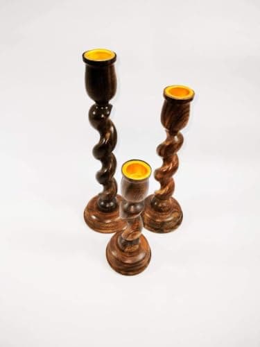 Indian Sheesham Wood Spiral Candlestick Holder Set 3pc Handmade Glossy Candle holder