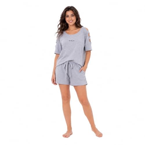 ZECOTEX Women's Cotton Pajama Set | Embroidered Cold Shoulder Top and Shorts, Soft Lightweight Sleepwear | Two Piece Loungewear Set