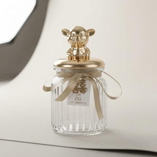 Ribbed Glass Candy Jar with 3D Gold Lid for Sweets Nuts Tea Sugar Coffee