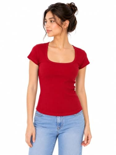 Women's Short Sleeve Square Neck T-Shirt, Red, One Size Fits All, Cotton