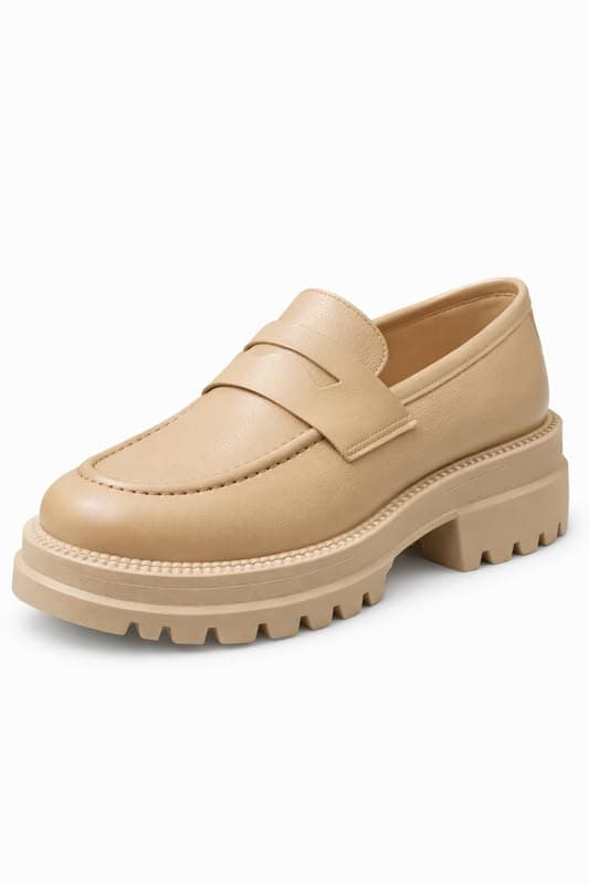 OG Women's Chunky Platform Loafers – Classic Slip-On Shoes with Thick Sole, Elegant Everyday Style, Beige, Size: 39