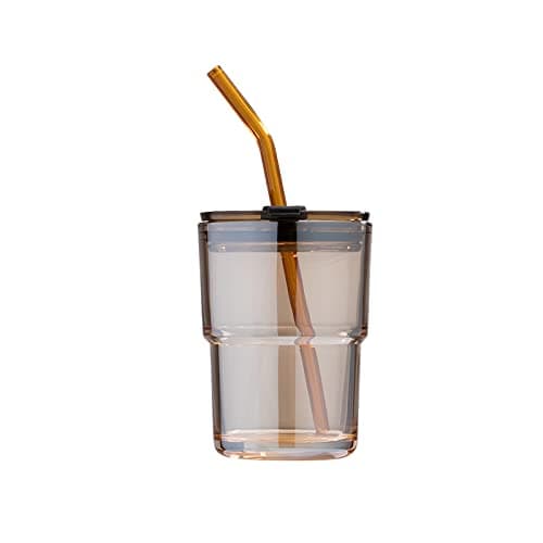 MINGHYZYA 13oz Glass Tumbler with Glass Straw and Lid, Iced Coffee Cups Reusable, Water Cup, Coffee Tumbler, Glass Coffee Mugs, Drinking Glass Cups（Amber）