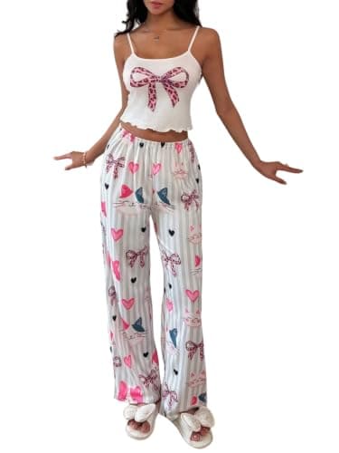 NF22-756 White Cat Bow Print Sleepwear Pajama Set with Pants | Decorative Pink Bowknot, Ruffle Hems, Grey Stripes, Heart and Cat Pattern, Comfortable for Home