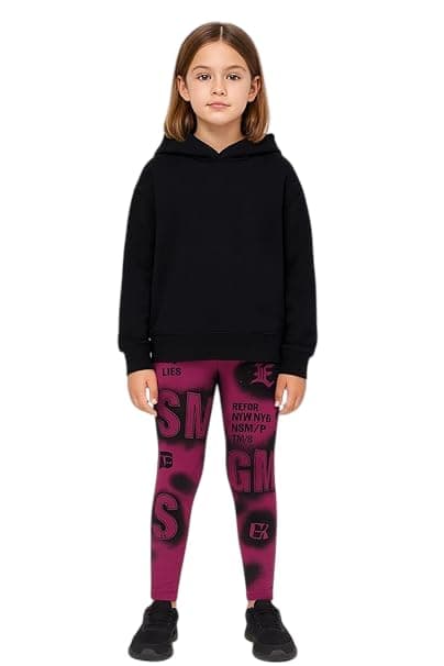 Ajyal Girls Graphic Print Leggings, Purple with Black Spray Paint Design, Fleece Thick Material Pants