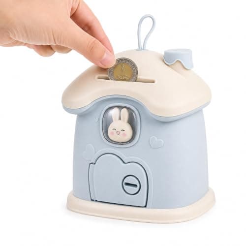 Mushroom House Piggy Bank, Cute Plastic Money Box, Big Capacity Savings Container with Open Door and Key, Coin Holder, Room Decor, Gift for Building Saving Habits and Financial Awareness Light Blue