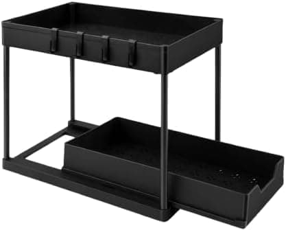Under Sink Organizer with Metal Legs and Plastic Pull Out Shelves – Practical Storage Unit for Kitchen Bathroom Utensils, Spaces Use C Storage rack