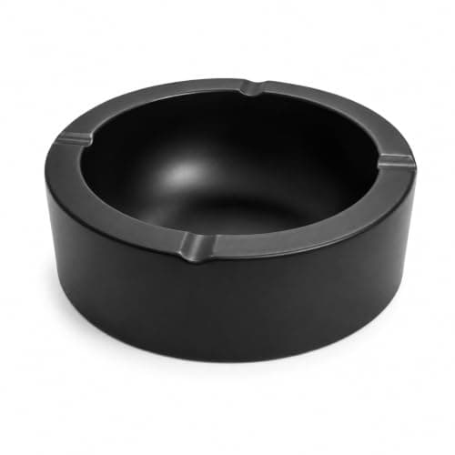 Black Stainless Steel Ashtray, 14x5 cm, Round Cigarette Ash Holder, Durable Metal Smoking Accessory, Deep Bowl with Three Rest Grooves, Tabletop Tray for Home, Office, Restaurant, Indoor Outdoor Use.