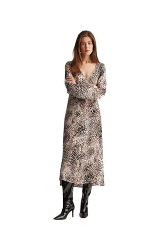 DeFacto A-Line Ruffle Neck Animal Maroken Long Sleeve Midi Dress