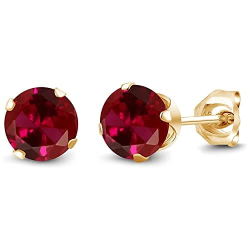 Julia Store 10mm 18K Created Ruby Yellow Gold Plated Round Stainless Steel Stud Earrings (4.00 Ct, Red)