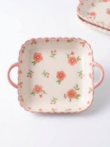 Ceramic Serving Plate with Side Handles Flower Design - Square Serving Dish for Oven and Dining - Suitable for Desserts, Bakery, Appetizers, 1