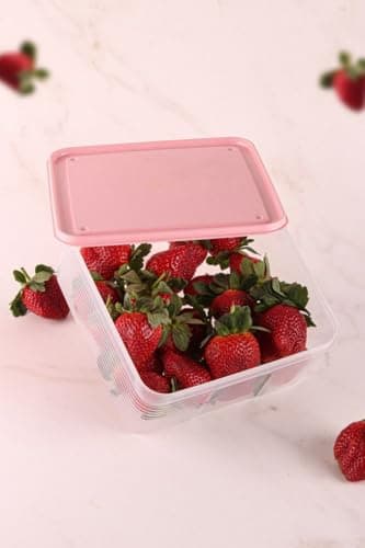 Generic Clear Square Refrigerator Storage Box with Pink Lid, 20x20 cm, for Fruits and Food, .flo