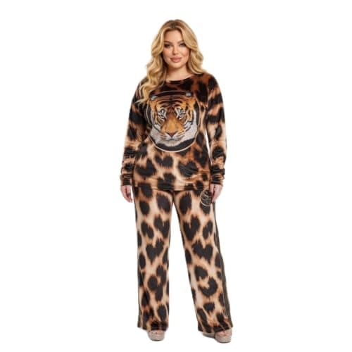 Tring Women's Winter Pajamas 2 Piece "Model 2220" - Premium Heidi Velvet | 3D Print Tiger Head, Glitter Astros Embroidery, 60-90kg Wear, Soft And Warm For Winter, T-shirt And Pants