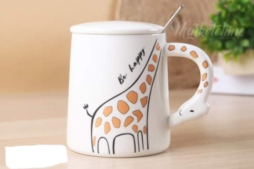 13oz Decorative Porcelain Mug with Lid and Stainless Steel Spoon for Office