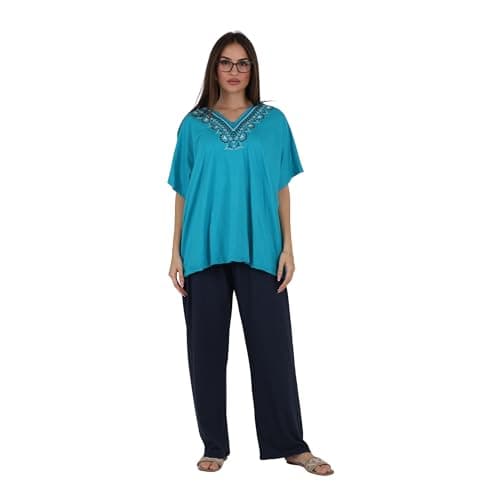 ZECOTEX Women's Plus Size Pajama Set Cotton | Embroidered V-Neck, Relaxed Fit | Summer Sleepwear Loungewear