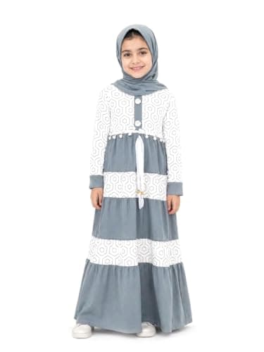 Girls Modest Maxi Isdal, Geometric Print, Long Sleeve, Tiered with Drawstring Waist - Mustard Yellow and White Dress