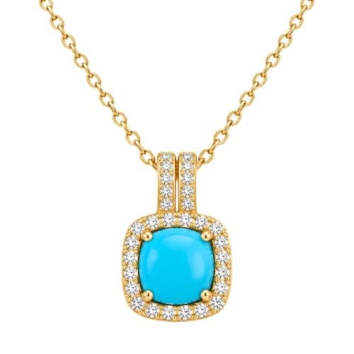 Gold Turquoise Necklace With Crystals For Women | Luxury Elegant Necklace,Natural Turquoise Stone,Square Frame,Crystal Halo Design, Suitable For Occasions