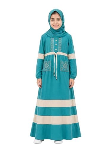 Girls Isdal Maxi Dress,Embroidered, Long Sleeve, Striped, with Hijab - Turqoise