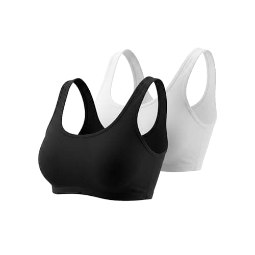 Pourelle Women's Soft Bra, Scoop Neck, Wide Tank Style, Black and White, 2-Pack