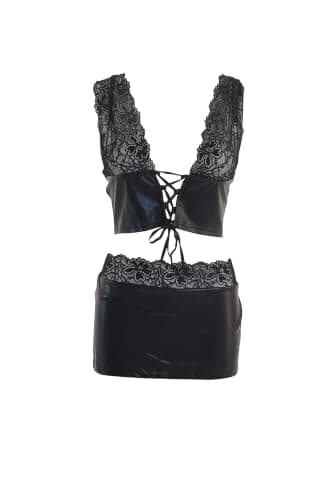 Women's 2 Piece Leather Lace Lingerie Set