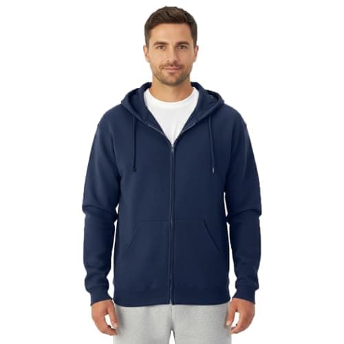 Men's Classic Full-Zip Hooded Sweatshirt, Navy Blue, Casual Athletic Wear, Front Pockets