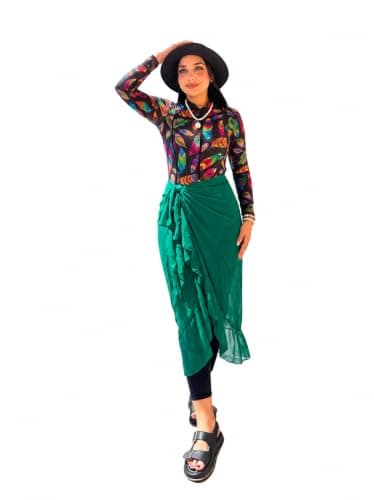 Women's Modest Burkini Swimsuit 5-Piece Set – Colorful Feather Print Zip Top, Leggings, Skirt, Ruffled Chiffon Sarong & Swim Cap From La Vie Model LV-BRK-100