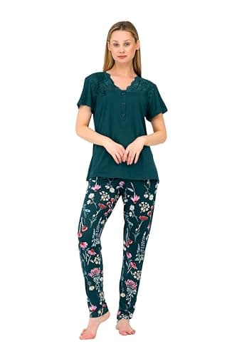 Women's Polyester 2 Piece Pajama Set Floral Design Lace Collar Button Top with Long Pants