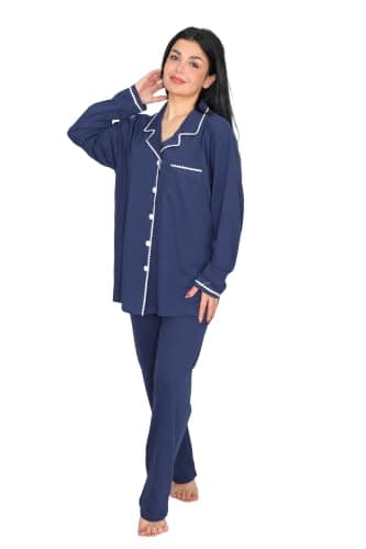 Womens Cotton Long Sleeve Button Pajama Set - Soft Knit Comfy Pajama Set for Women, Includes Long Sleeve Top and Wide Leg Pants, Lightweight Sleepwear for Home and Lounge