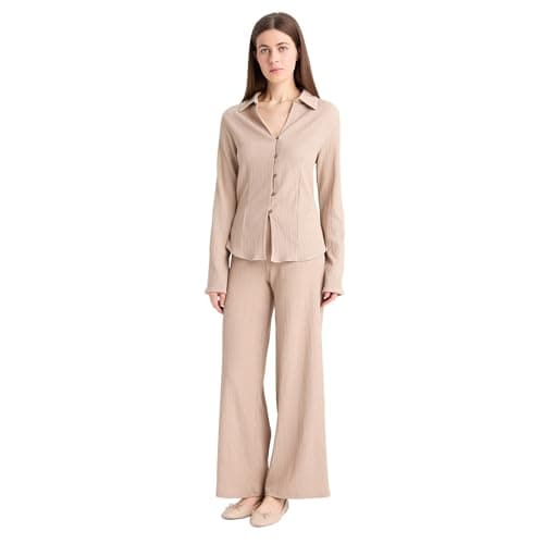 DeFacto Womens Casual Regular Fit Collar Without Foot Long Sleeve Woven Top Long Sleeve Blouse Blouse (pack of 1)
