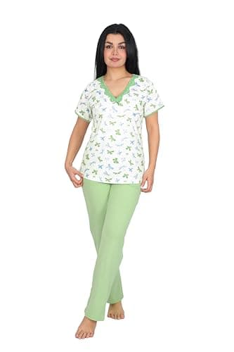 Women's Polyester Cotton Butterfly Print Button Short Sleeve Shirt and Pants Pajama Set Pink Green