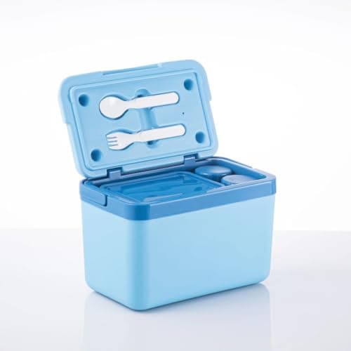 Generic 6-in-1 Ice Box Set Includes: 2 small bottles, 2 rectangular lunch boxes, With a spoon and fork, With a tightly sealed lid, With two handles for easy carrying, Available in light blue/olive .db