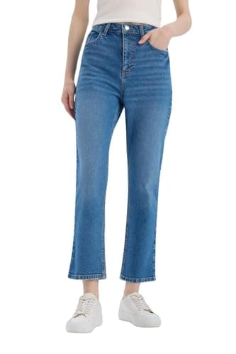 DeFacto Woman Vintage Straight Special Collection Denim Trousers D7980AX,Mid Blue 34