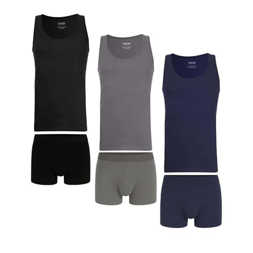 DICE Men's Cotton Underwear Set, 3 Tank Tops and 3 Boxer Briefs, Black Grey Navy, Classic Fit Apparel