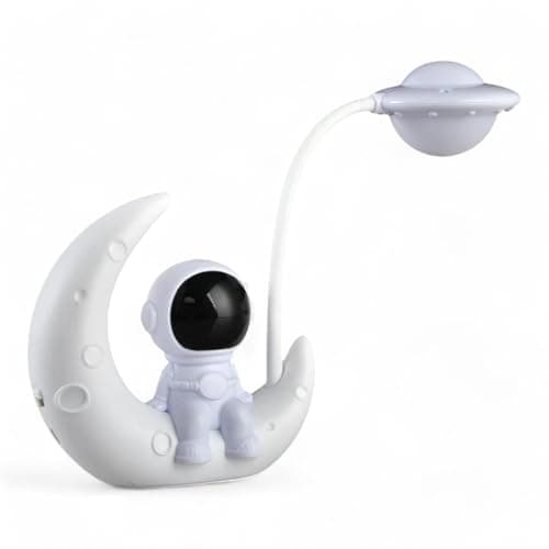 Astronaut LED Desk Lamp with Moon Night Light, USB Rechargeable, Desktop Reading Lamp for Home Bedroom Kids (White)