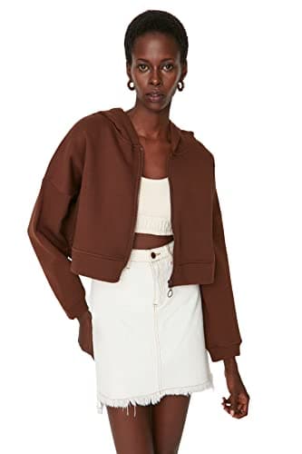 Trendyol Womens Anthracite Basic Zippered Hooded Crop Thick Fleece Inside Knitted Sweatshirt TWOAW20SW0660 Sweatshirt (pack of 1)