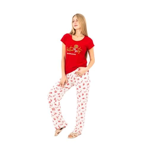 Women's Cotton Pajama Set with Embroidered Top | Casual Sleepwear with Floral Printed Pants | Soft & Comfy Loungewear