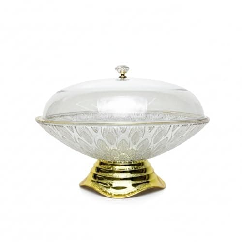Embossed Acrylic Serving Plate With Lid And Gold Base - Clear & Gold | Elegant Engraved Clear Acrylic Serving Plate With Lid, Crystal Handle And Gold Base Suitable For Fruit Basket