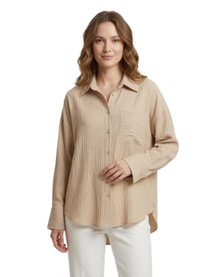 Freska Women's Long Sleeve Button-Down Shirt, Beige, Relaxed Fit, Collared Neck, Crinkle Textured 622900008483