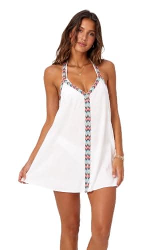 Beach Cover Up, Cotton, Relaxed Fit, V-Neckline with Colorful Woven Trim Dress