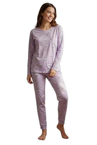Trendyol Womens Lilac Eye Pattern 100% Cotton T-Shirt and Jogger Sleepwear Set - Thmaw22Pt0270 Pajama Set (pack of 1)