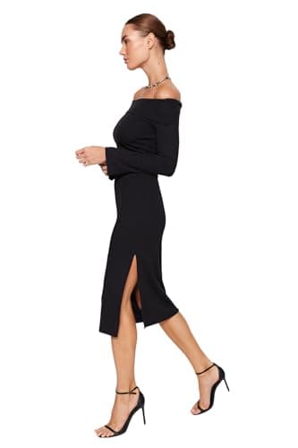 Trendyol Women Black Fitted Soft Textured Midi Stretchy Knitted Pencil Madonna Collar Dress TWOAW24EL00803 Dress (pack of 1)