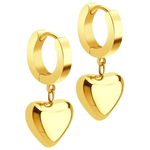 Julia Store 18K Gold Plated Stainless Steel Cute Dangle Puffed Heart Charm Huggie Hoop Hypoallergenic Water-Resistant Tarnish-Free Earrings for Women