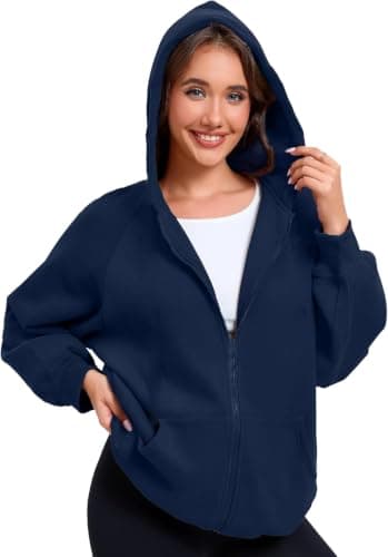 Women's Oversized Zip-Up Hoodie, Navy Blue, Fleece Sweatshirt with Pockets, Casual Long Sleeve Jacket