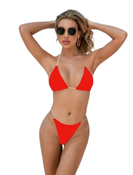 طقم بيكيني نسائي قطعتين بخصر عالٍ – حمالات شفافة وتصميم برازيلي G-String | للشاطئ والسباحة كود 7696