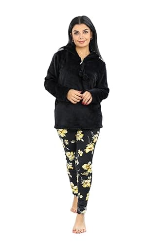 Women's Velvet Pajama Set Luxury Floral Hoodie and Pants - Navy Blue & Black