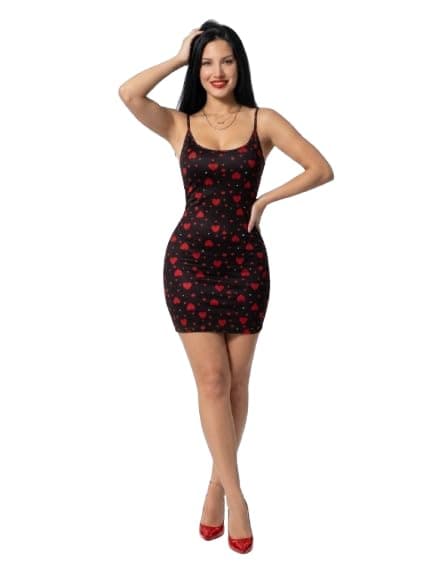 Louna Fashion Women's Black Mini Bodycon Dress with Red Heart Print | Spaghetti Straps, Scoop Neckline, Allover Heart Pattern, Figure-Hugging Fit, Party Wear