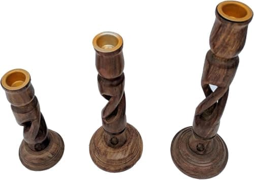 Sheesham Wood Candle Holder Set 3-Piece Handmade Carved Table Decor