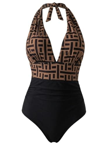 Swim Lushoire Women's Vacation Geometric Print Plunging Neck One-Piece Swimsuit For Summer Multicolour - size