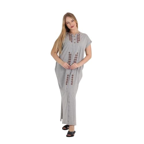 ZECOTEX Women’s Grey Cotton Embroidered Maxi Nightgown – Elegant | Button Detail Loungewear Dress | Soft Breathable Homewear | Made in Egypt | Sizes M To 5XL Nightgown nightshirt