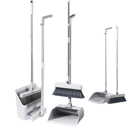 Broom and Dustpan Set with Long Handle 180 Degree Rotating Head with Built-in Teeth for Cleaning Dust and Hair