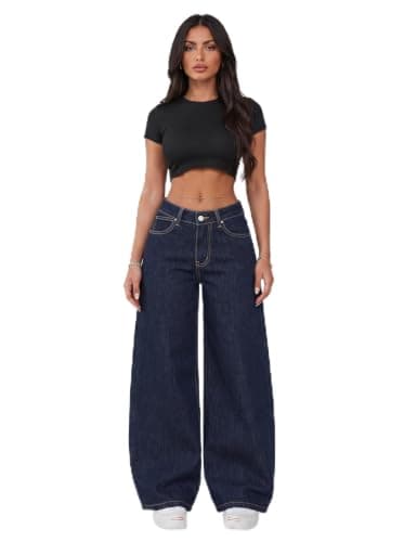 DALY Wide Leg Jeans for Women - Trendy High Waisted Denim, Rinse Dark Blue, Size 38